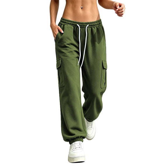Lopecy-Sta Pants for Women Cargo Jogger Pants Elastic Drawstring Waist Multi Pockets Loose Fit Street Style Athletic Trousers for Spring Fall