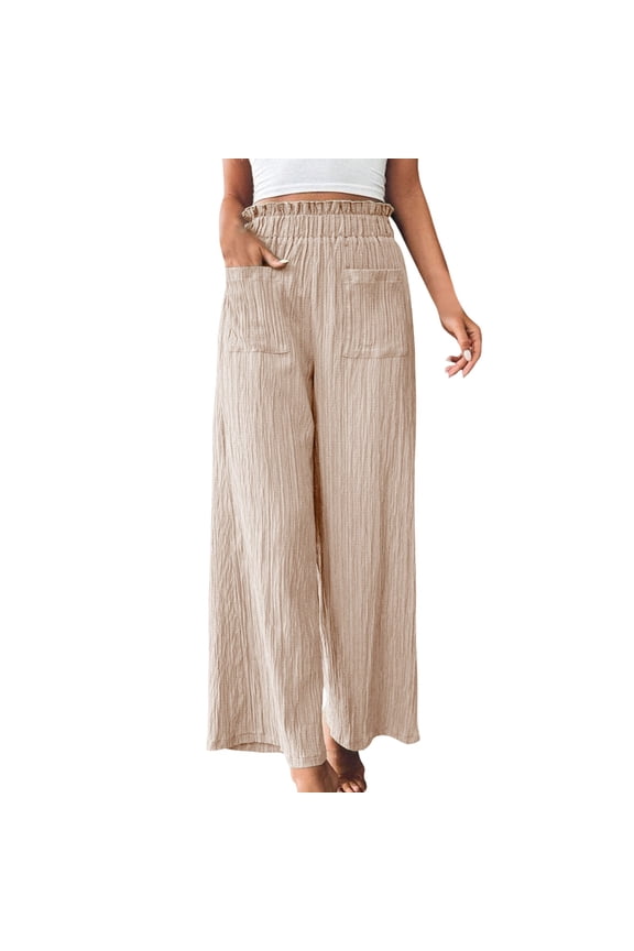 Pants for Women High Waist Crinkle Gauze Wide Leg Ruffled Elastic Waist Casual Trousers with Pockets Loose Flowy Summer Pants