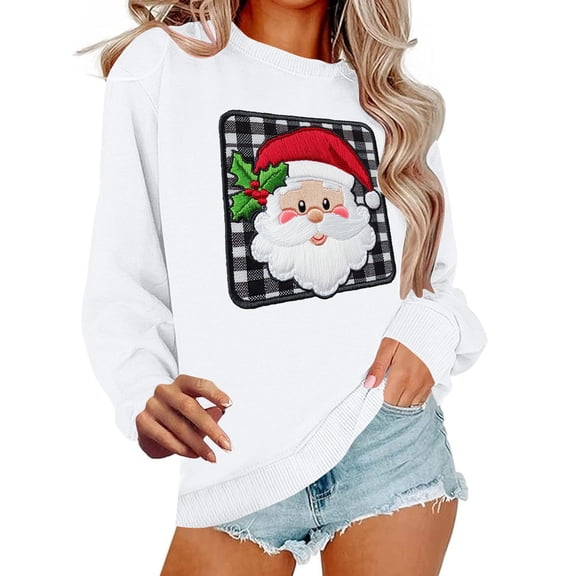 Lopecy-Sta Pullover Sweatshirts for Women Christmas Gift for Women Christmas Santa Print Crewneck Sweater Xmas Long Sleeve Pullover Top
