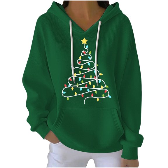 Lopecy-Sta Pullover Sweatshirts for Women Merry Christmas Fashion Hoodies Xmas Tree Print Oversized Pullover Casual Long Sleeve Hooded Sweatshirt