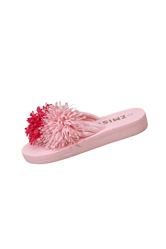 Sandals for Women Fringe Pom Pom Flip Flops Slip On Open Toe Flat Shoes For Beach Shower Casual Wear