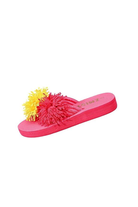 Sandals for Women Fringe Pom Pom Flip Flops Slip On Open Toe Flat Shoes For Beach Shower Casual Wear