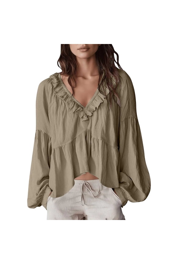Shirt for Women Boho Loose Fit Ruffled V Neck Cropped Puff Lantern Sleeve Tiered Flowy Crinkle Blouse Lightweight Solid Color Casual Crop Top