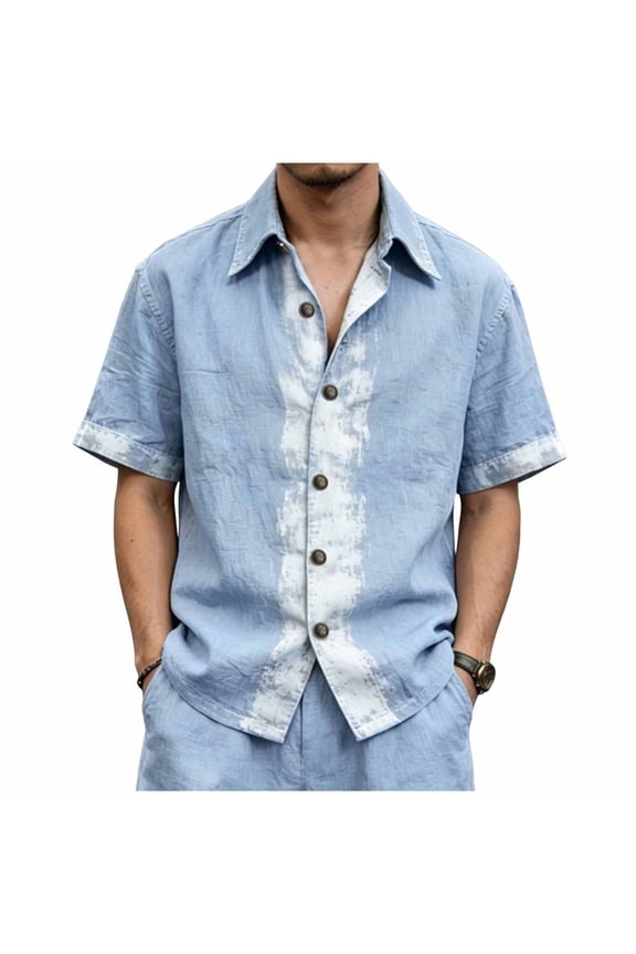Shirt for Mens Bleached Tie-Dye Denim Short Sleeve Casual Button Down Washed Chambray Top Comfortable Loose Fit Vintage Blouse