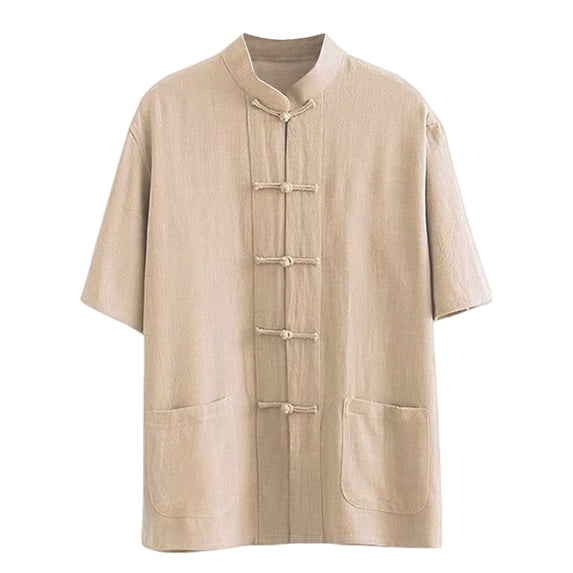 Lopecy-Sta Shirt for Mens Casual Mandarin Collar Linen Short Sleeve Frog Button Chinese Style Tunic with Side Pockets Lightweight Breathable Top