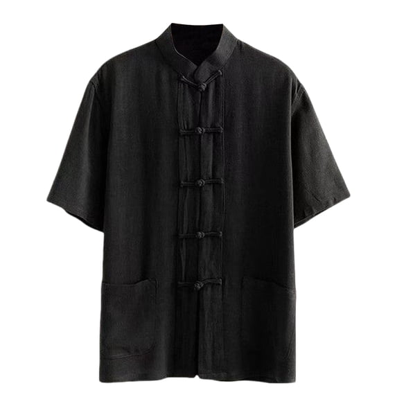 Lopecy-Sta Shirt for Mens Casual Mandarin Collar Linen Short Sleeve Frog Button Chinese Style Tunic with Side Pockets Lightweight Breathable Top