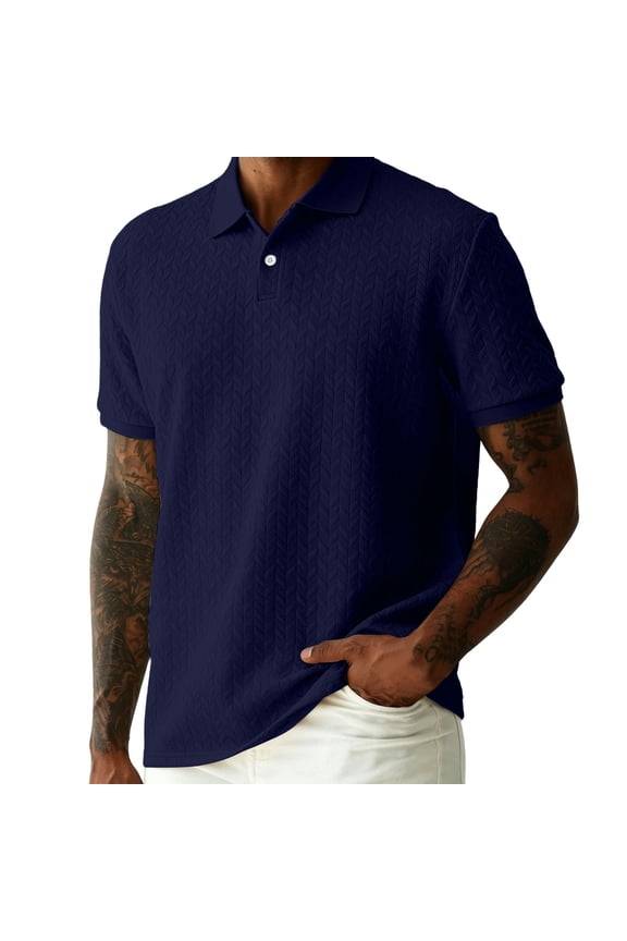 Shirt for Mens Casual Textured Knit Herringbone Jacquard Short Sleeve Collared Top Lightweight Breathable Solid Color Tee