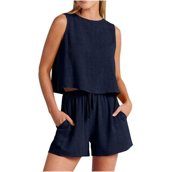 Lopecy-Sta Short Sets Women 2 Piece Outfits Women Casual Summer Round Neck Short Sleeve Tops and Shorts Two Pieces Set Suit Beach Outfits for Women Sales Clearance Navy