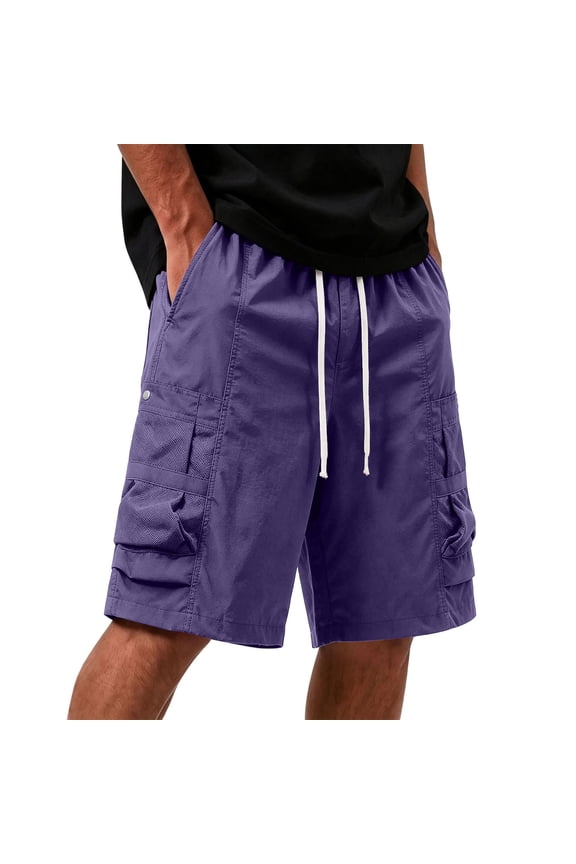 Shorts for Men Elastic Drawstring Mesh Panel Cargo Summer Multi Flap Storage Pocket Quick Dry Breathable Casual Shorts Loose Knee-Length Bermuda Shorts for Hiking Fishing