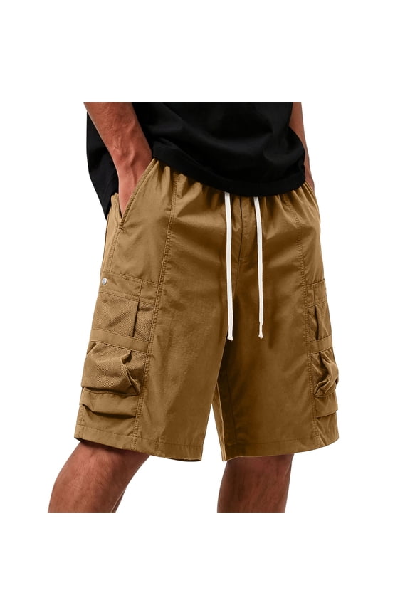 Shorts for Men Elastic Drawstring Mesh Panel Cargo Summer Multi Flap Storage Pocket Quick Dry Breathable Casual Shorts Loose Knee-Length Bermuda Shorts for Hiking Fishing