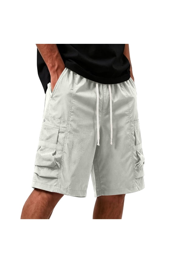 Shorts for Men Elastic Drawstring Mesh Panel Cargo Summer Multi Flap Storage Pocket Quick Dry Breathable Casual Shorts Loose Knee-Length Bermuda Shorts for Hiking Fishing