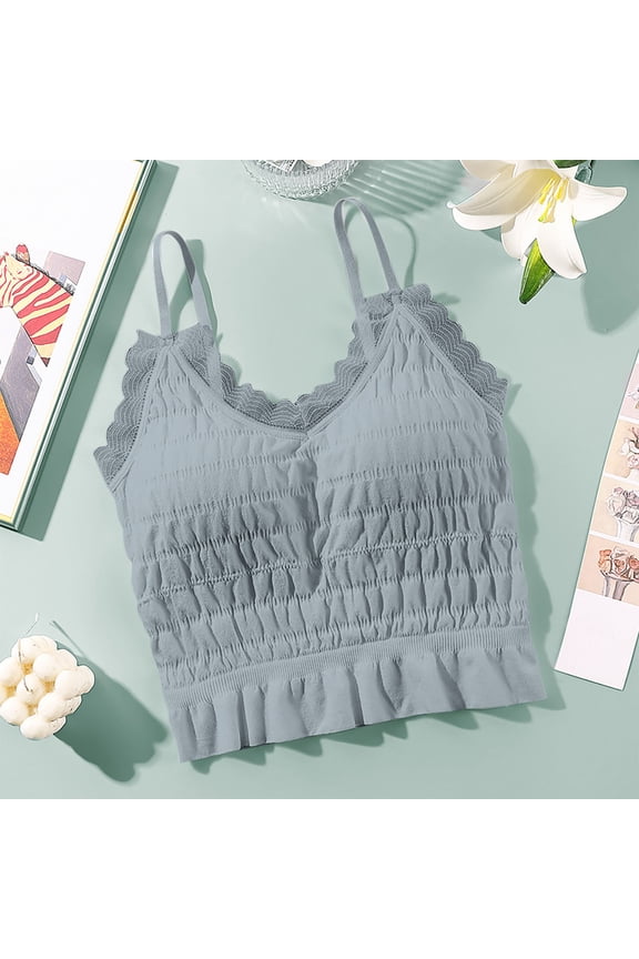 Sleep Cami for Women Casual Lace Trim Cropped Spaghetti Strap V-Neck Loungewear Top Soft Breathable Nightwear Comfy Shirred Pajama Camisole