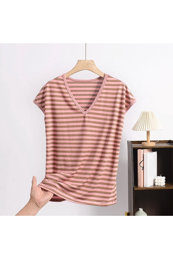 Sleep Top for Women Striped V-Neck Short Sleeve Print Loungewear Shirt Soft Breathable Nightwear Casual Loose Fit Pajama Blouse