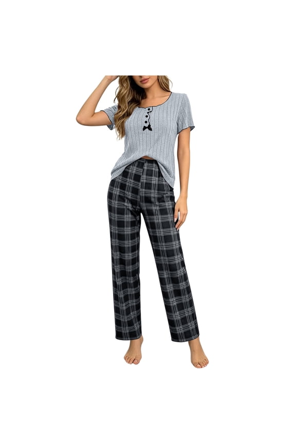 Sleepwear Set for Women Mixed‑Print Notch Neck Short Sleeve Vertical Ribbed Bow Top and Elastic Waist Grid Long Pants Soft Stretchy Knit Loungewear Pajama Outfit