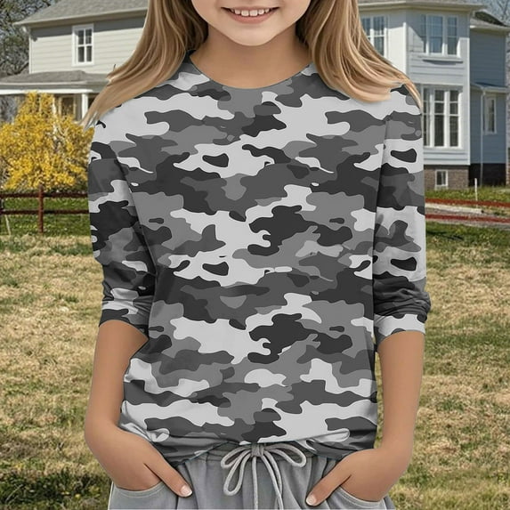 Lopecy-Sta Soft Camouflage Print 3/4 Sleeve Kids Top for Boys & Girls 3-12 Years - Comfortable Pullover Casual Shirt for Spring Fall Winter