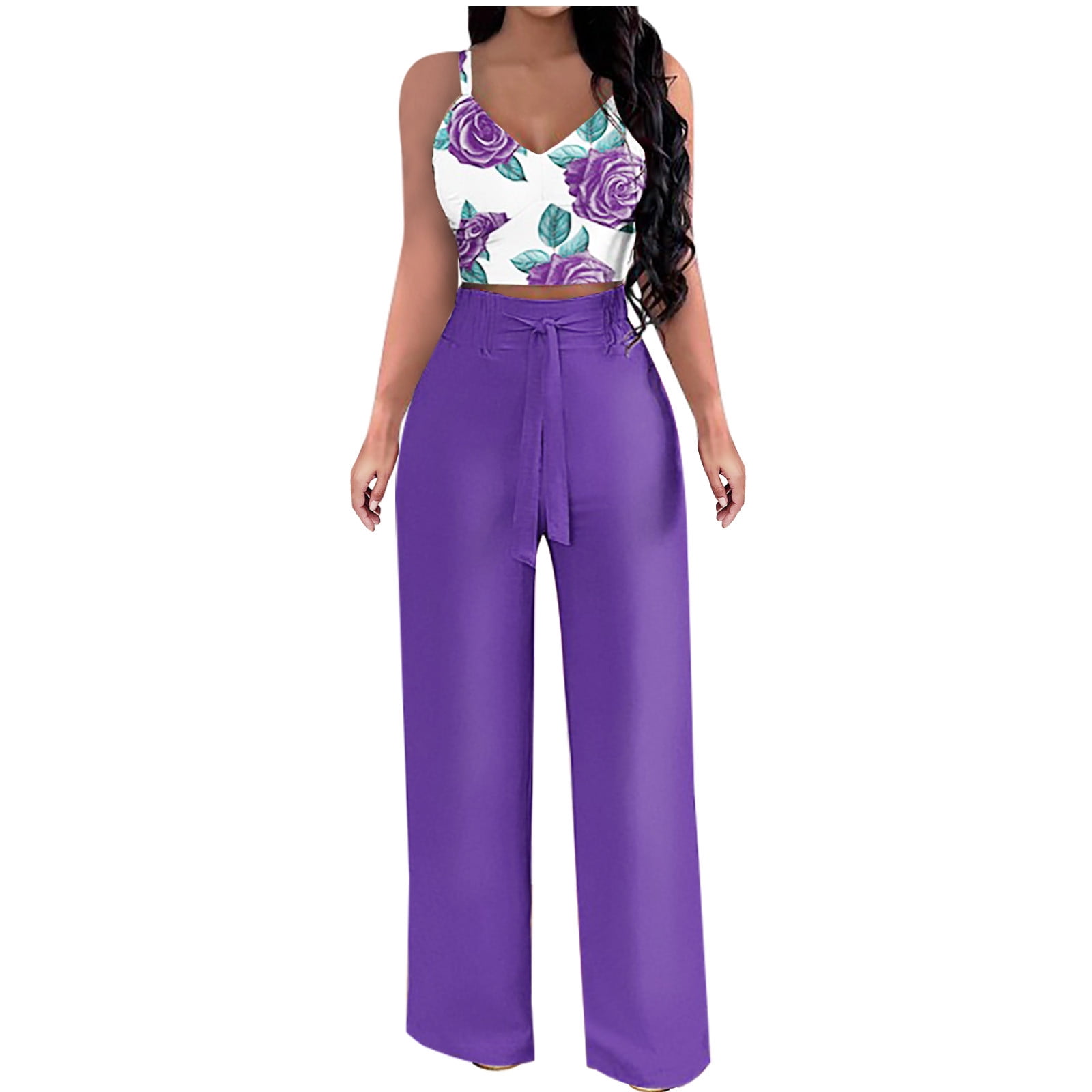 Women's Fashionable Casual Sleeveless Front Short Back Long Sleeveless Top  And Pants Set(Purple,L) 