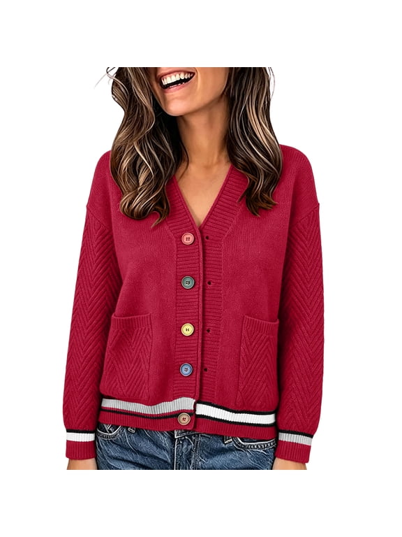 Sweaters for Women Fall Winter Striped Trim Button Cardigan Relaxed Fit Chevron Knit Open Front Sweater Coat With Pockets