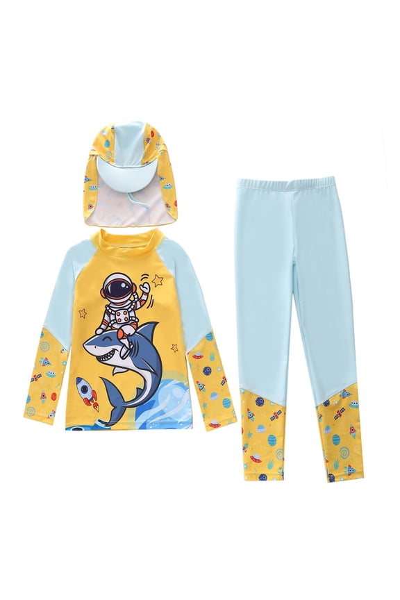 Swimwear Set for Boys Long Sleeved Top with Pants, Hat Set Rashguard Three Piece Set Sunscreen Surfing Beach Hot Spring Swimsuit