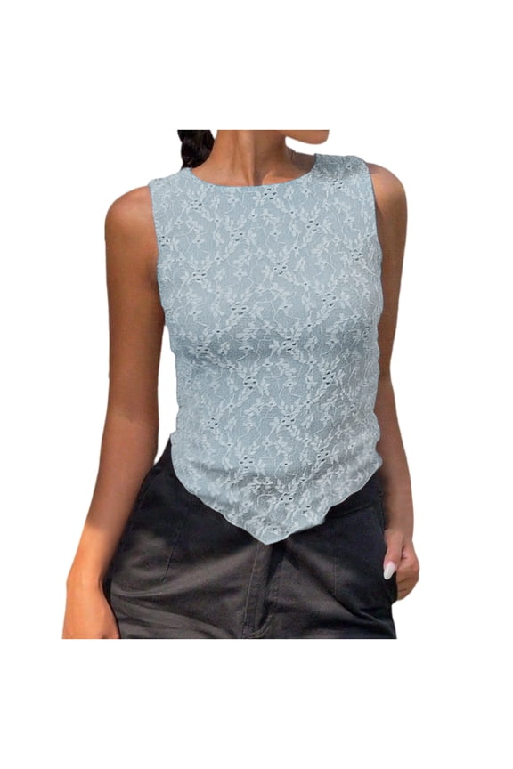 Tank Top for Women Stylish Round Neck Asymmetrical Hanky Hem Sleeveless Cami Slim Fit Textured Sheer Blouse Feminine Summer Basic Vest