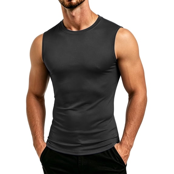 Lopecy-Sta Tank Tops for Men Crew Neck Solid Slim Compression Sleeveless Stretch Muscle Fitness Basic Undershirts