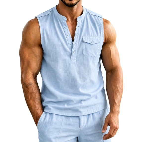 Lopecy-Sta Tank Tops for Men Stand Collar Half Button Sleeveless Henley Linen Blend Chest Pocket Loose Casual Summer Vests
