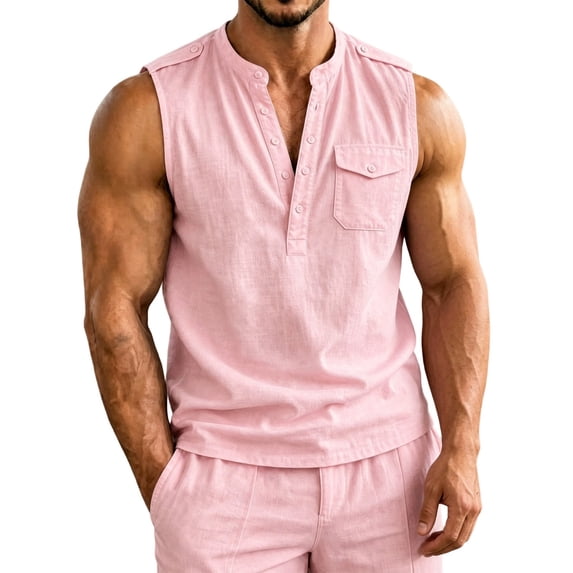Lopecy-Sta Tank Tops for Men Stand Collar Half Button Sleeveless Henley Linen Blend Chest Pocket Loose Casual Summer Vests