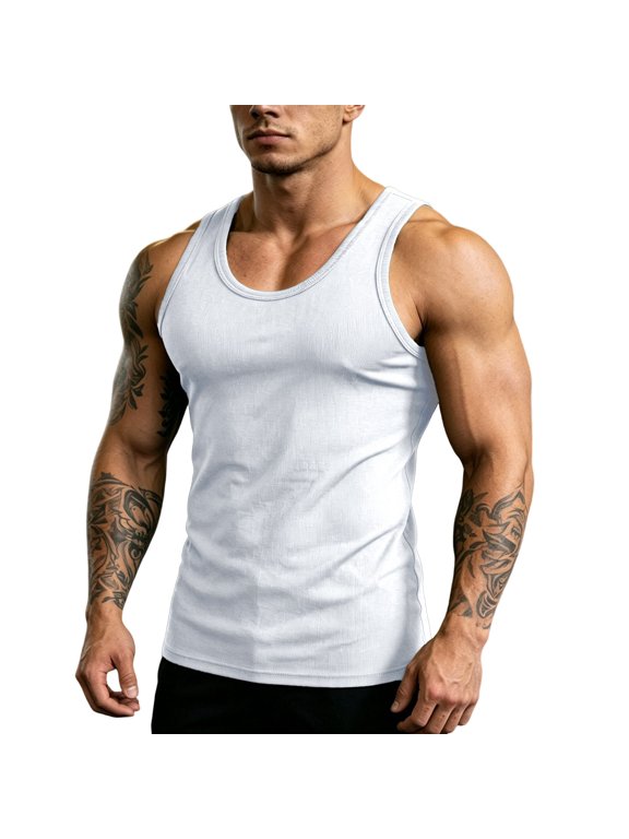 Tank Tops for Men U-Neck Solid Vertical Ribbed Sleeveless Stretch Cotton Slim Fit Gym Bodybuilding Workout Muscle Vest