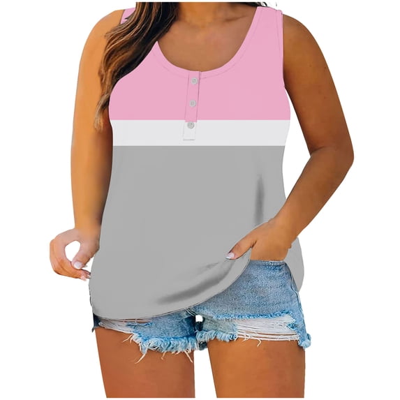 Lopecy-Sta Tank Tops for Women, Scoop Neck Color Block Sleeveless Tops, Henley Style Casual Tank Tops, Loose Fit Plus Size Tops