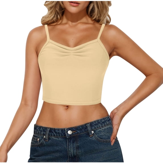 Lopecy-Sta Tank Tops for Women Spaghetti Strap Ruched Bust Crop Tank Tops Sleeveless Going Out Tops