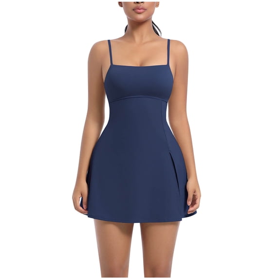 Lopecy-Sta Tennis Dress for Women Spaghetti Strap Square Neck Workout Dress with Built-in Shorts for Athletic and Casual Wear
