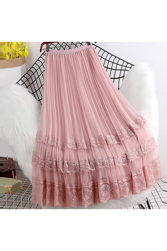 Tiered Lace Pleated Skirt for Women, Elastic High Waist Sheer Tulle Skirt, Elegant Floral Lace Trim Long Skirt Ideal for Bridal, Evening Events and Daily Wear