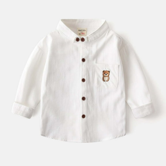 Lopecy-Sta Toddler Bear Embroidered Shirt Long Sleeve Button Up Top - Wooden Buttons & Stand Collar Design, Soft Casual Fit for Boys Girls Spring Autumn Kids Wear