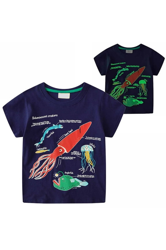 Toddler Boy Glow in The Dark Shirt Kids Cartoon Sharks Short Sleeve T-Shirt Tops for 1-7 Years