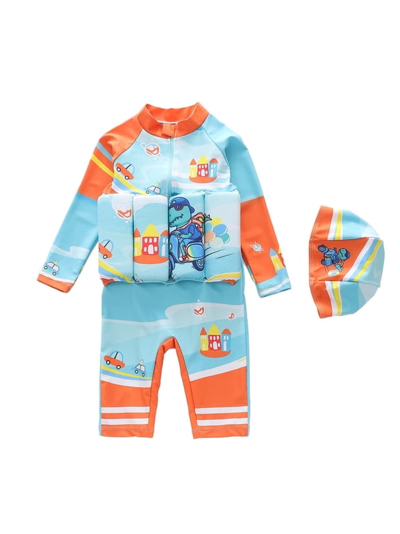 Toddler's Floatation Swimsuit with Hat for Kids, Long Sleeve One Piece Float Suit with Built-In Floats, Upf 50+ Floating Bathing Suit