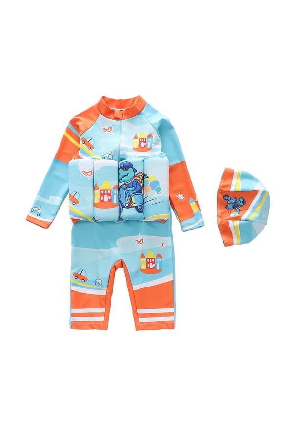 Toddler's Floatation Swimsuit with Hat for Kids, Long Sleeve One Piece Float Suit with Built-In Floats, Upf 50+ Floating Bathing Suit