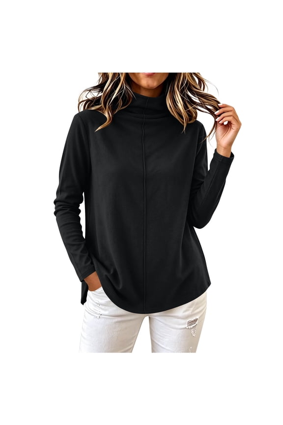 Top for Ladies Soft Knit Turtleneck Long Sleeve Center Seam Curved Hem Relaxed Fit Casual Blouse Side Pocket Solid Color Loose Pullover Shirt