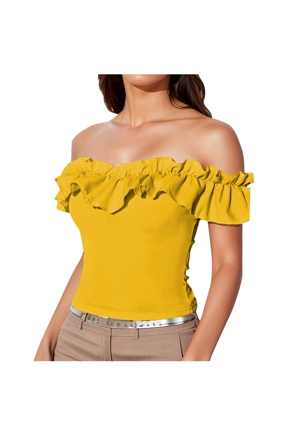 Top for Women Ruffle‑Trim Off‑Shoulder Casual Crop Strapless Bandeau Ribbed Knit Blouse Lightweight Breathable Solid‑Color Stretchy Summer Pullover Shirt