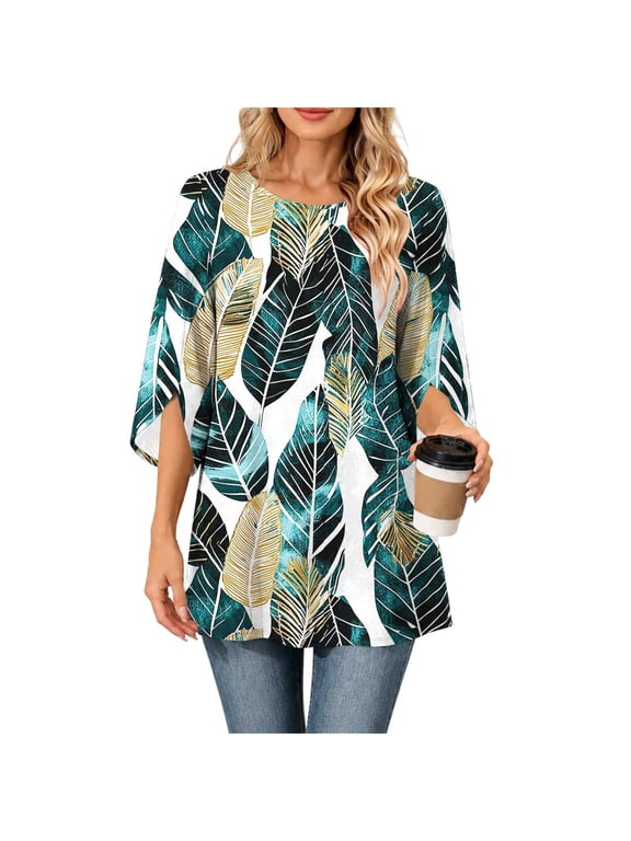 Tops for Women Crew Neck Tropical Leaf Print Split Flare Long Sleeve Loose Fit Tunic Vacation Casual Tops for Women for Beach Outdoor Spring Summer Fall