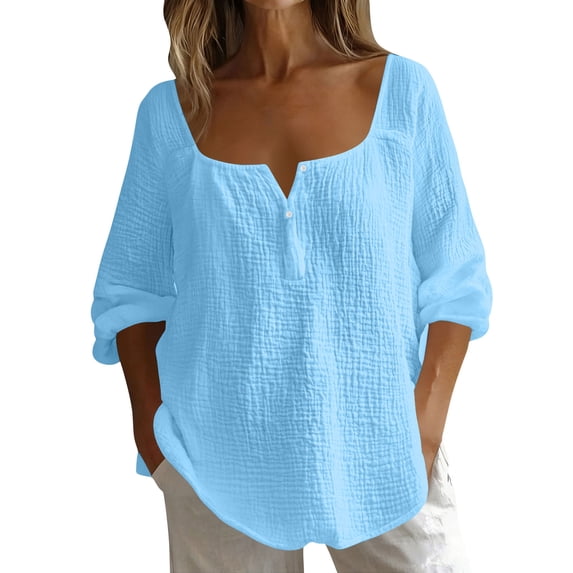 Lopecy-Sta Tops for Women 3/4 Sleeve Square Neck Button Detail Casual Top For Spring And Summer Wear