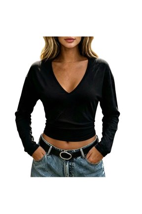 Tops for Women Deep V Neck Long Sleeve Slim Fitted Crop Top Solid for Urban Night Out Party Street Casual Spring Fall