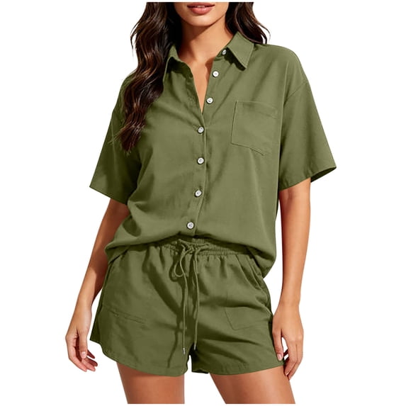 Lopecy-Sta Two Piece Sets for Women Short Sleeve Button Down Shirt and Relaxed Shorts Casual Loungewear Outfits for Summer Daily Wear