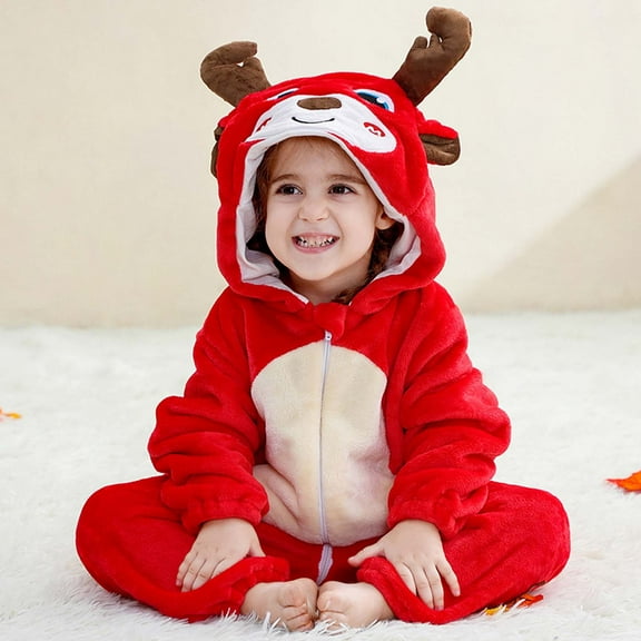 Lopecy-Sta Unisex Baby Deer Romper Outfit with 3D Antlers Hood, Soft Plush Jumpsuit & Zipper Front - Velvety Winter Sleepsuit for Newborn Infant 1-3T