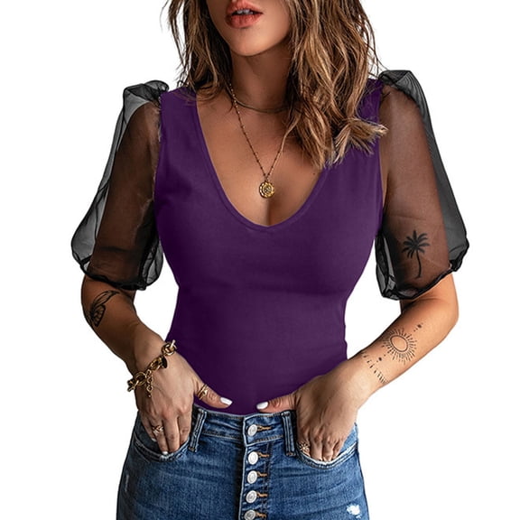 Lopecy-Sta Tops for Women V Neck Sheer Mesh Puff Sleeve Fitted Tees Casual Evening