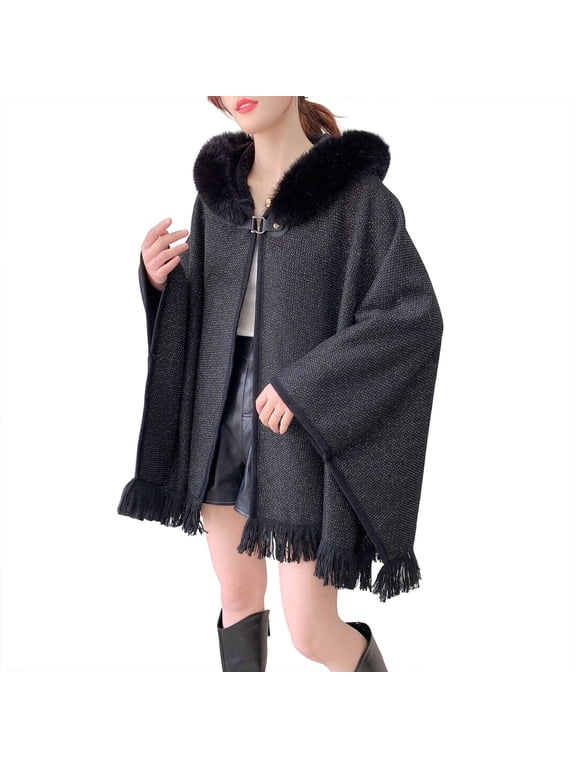 Women Faux Fur Collar Open Front Wool Blend Cape Poncho Regular Fit Batwing Sleeve Fringe Hem Shawl Wrap Heavy Weight Wrinkle Resistant Warm Transitional Outer for Fall Winter