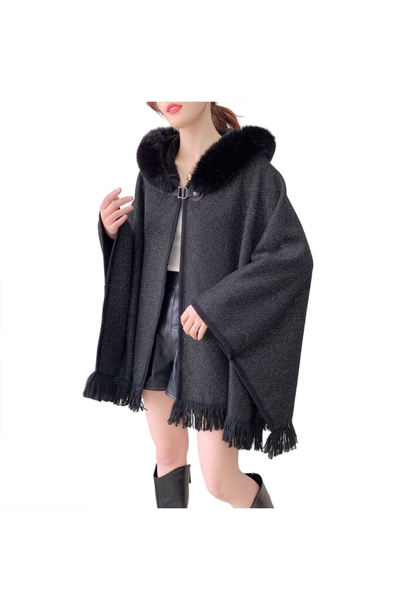 Women Faux Fur Collar Open Front Wool Blend Cape Poncho Regular Fit Batwing Sleeve Fringe Hem Shawl Wrap Heavy Weight Wrinkle Resistant Warm Transitional Outer for Fall Winter