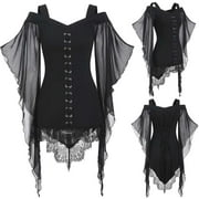 Lopecy-Sta Women Gothic Criss Cross Lace Insert Sleeve T-shirt Plus Size Tops Black Artfish Womens Sleeveless Tank Top Discount Clearance Crop Tops for Women