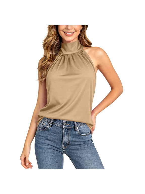 Tops for Women Plus Size High Neck Sleeveless Pleated Halter Tank Tops Casual Summer Blouses