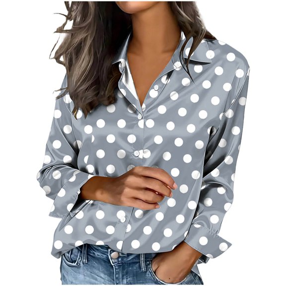 Lopecy-Sta Womens Tops Collared Long Sleeve Polka Dot Print Shirts Casual Office Blouses