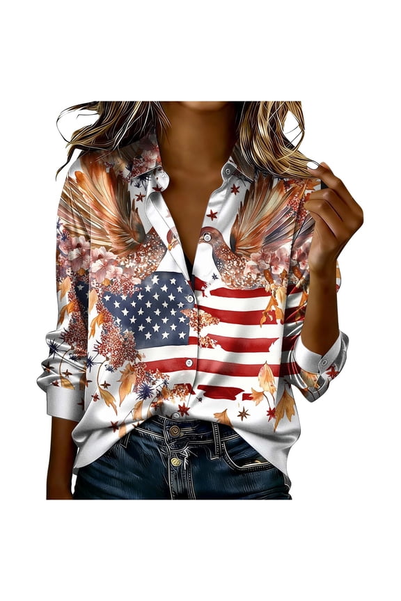 Womens Plus Size Tops Collared Long Sleeve American Flag Eagle Print Button Down Shirts Casual 4th Of July