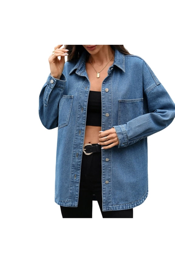 Women Long Sleeve Collared Open Front Oversized Denim Shacket Regular Fit Chest Pocket Long Jean Shirt Jacket Mid Weight Wrinkle Resistant Transitional Layering